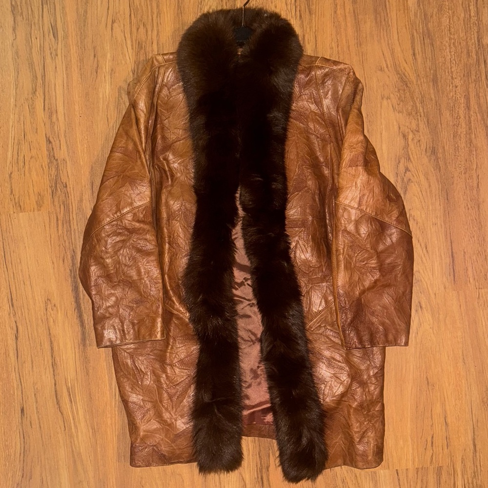 Brown Leather Coat with Fur Trim